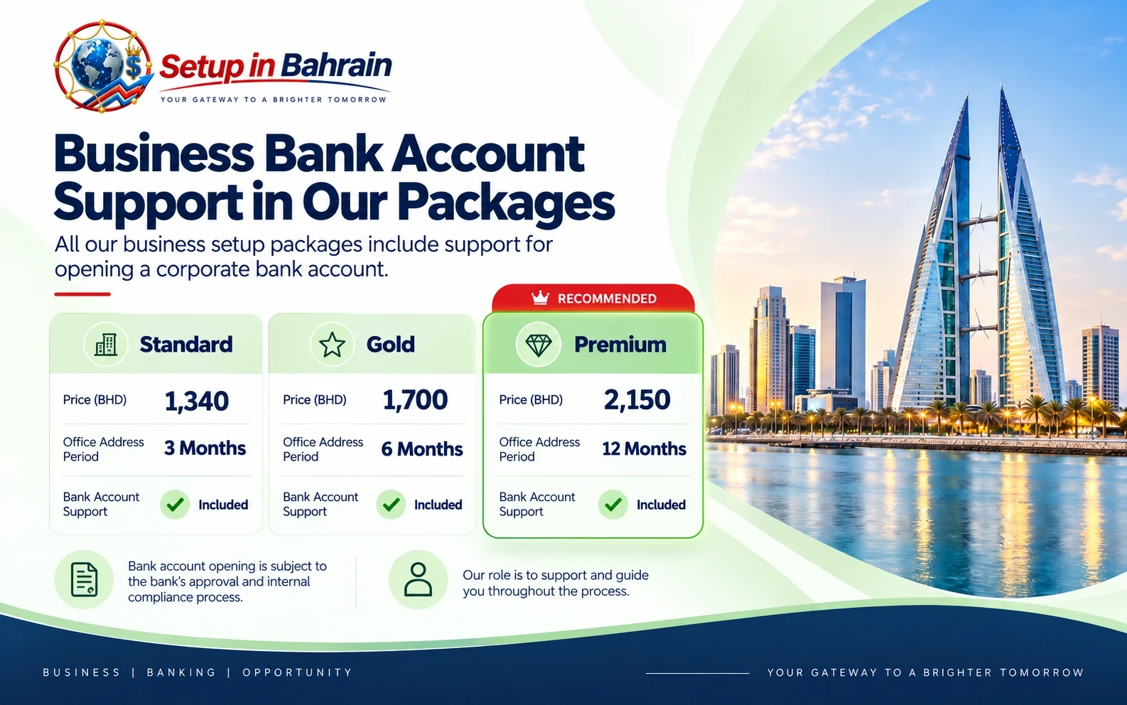 Business Bank Account Support in Our Packages Bahrain company formation packages with corporate bank account support