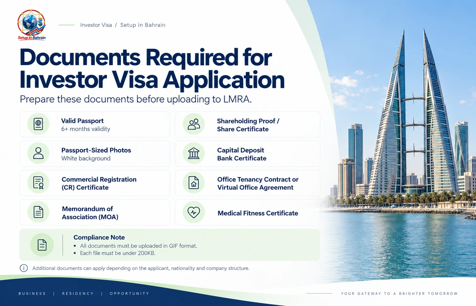 Bahrain investor visa cost infographic with one year two years and dependent visa fees
