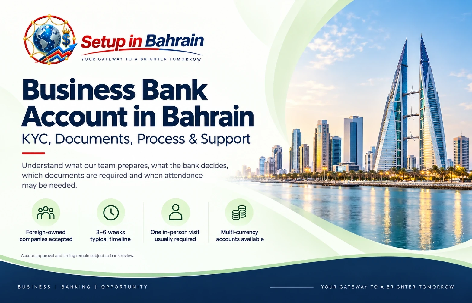 Business Bank Account in Bahrain Business bank account in Bahrain hero image with Setup in Bahrain branding and Manama skyline