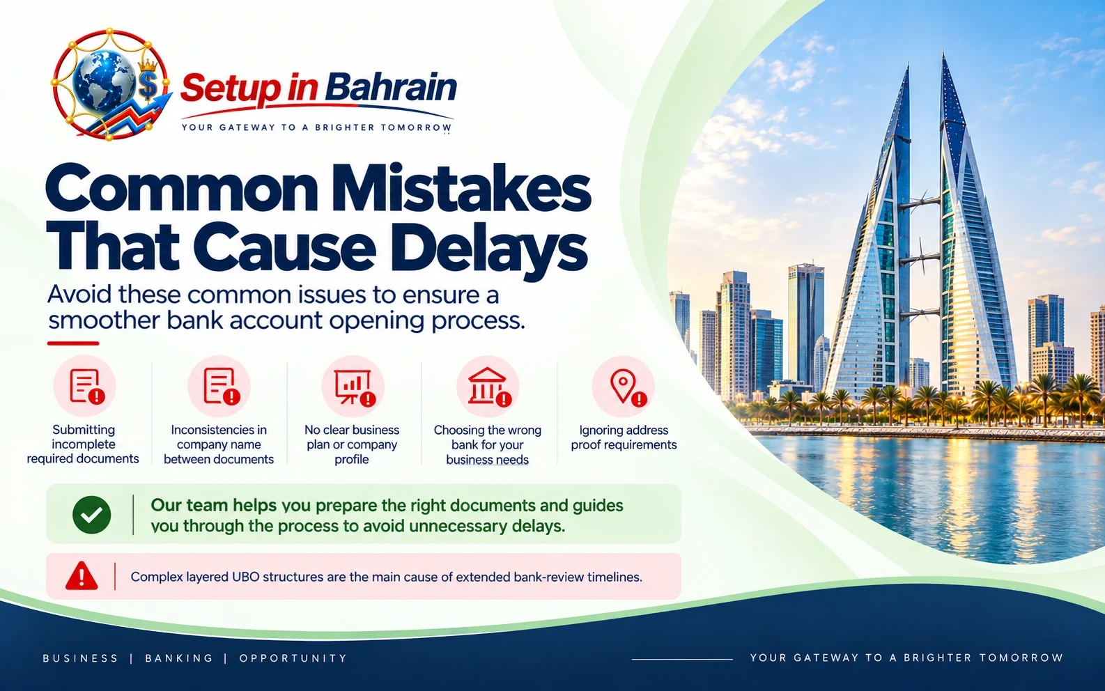 Common Mistakes That Cause Bank Account Delays Common mistakes that can delay a Bahrain business bank account application
