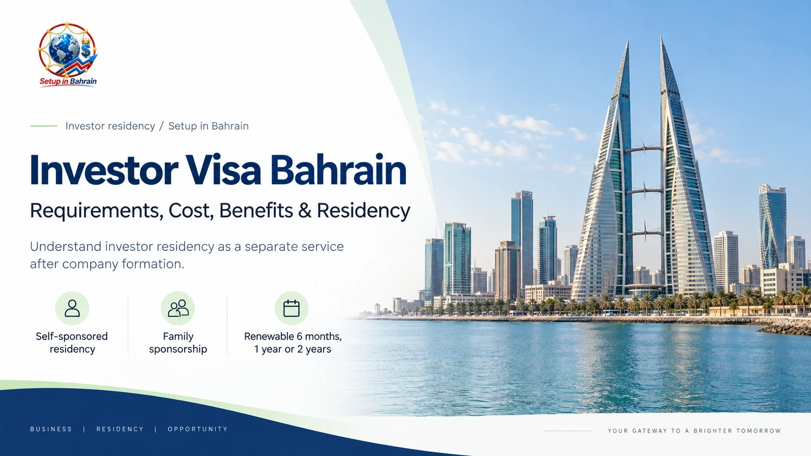 Investor Visa Bahrain hero banner with Setup in Bahrain branding and Manama skyline