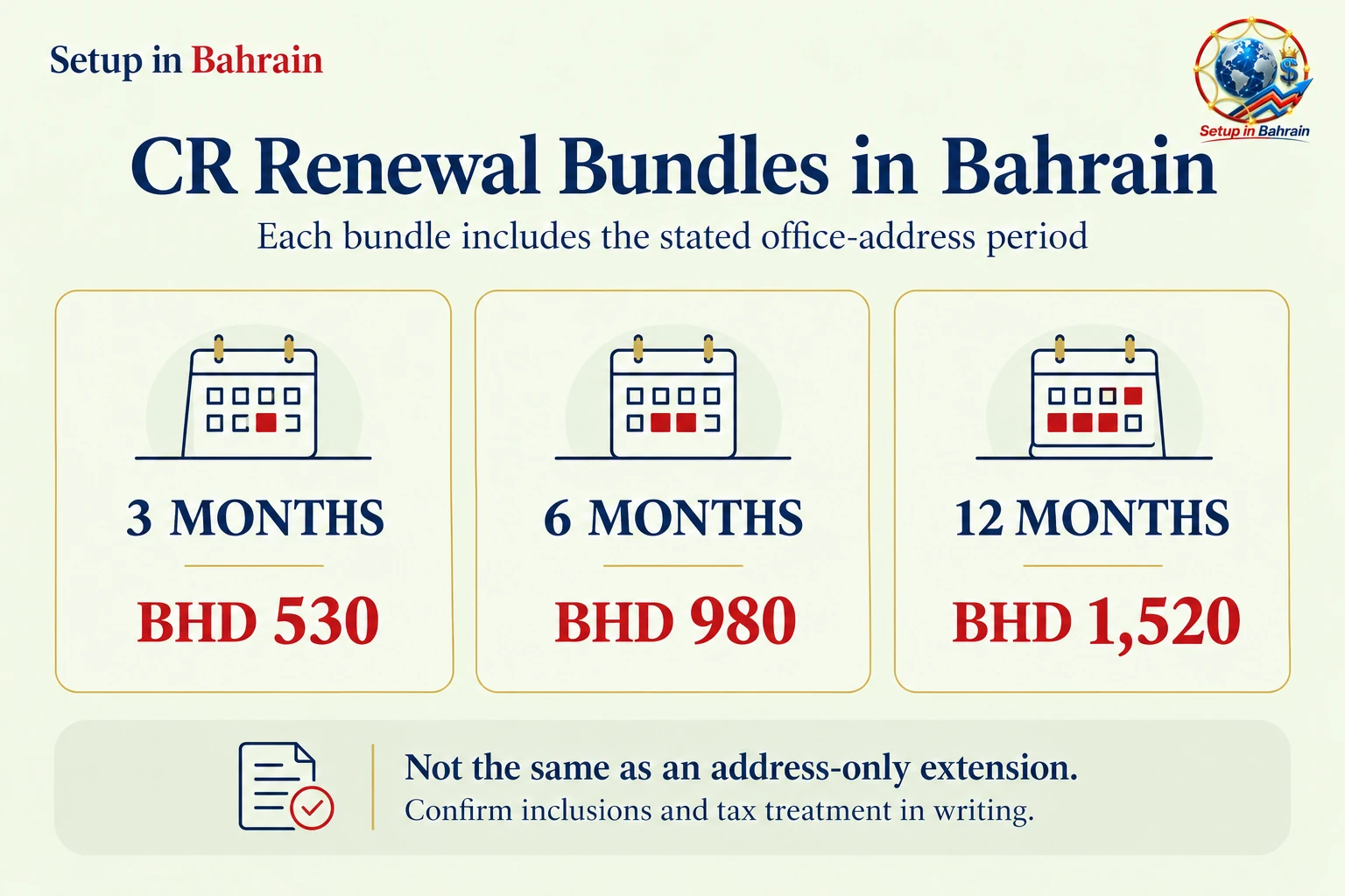 CR Renewal Bundles in Bahrain CR renewal bundles priced at 530 980 and 1520 Bahrain dinars