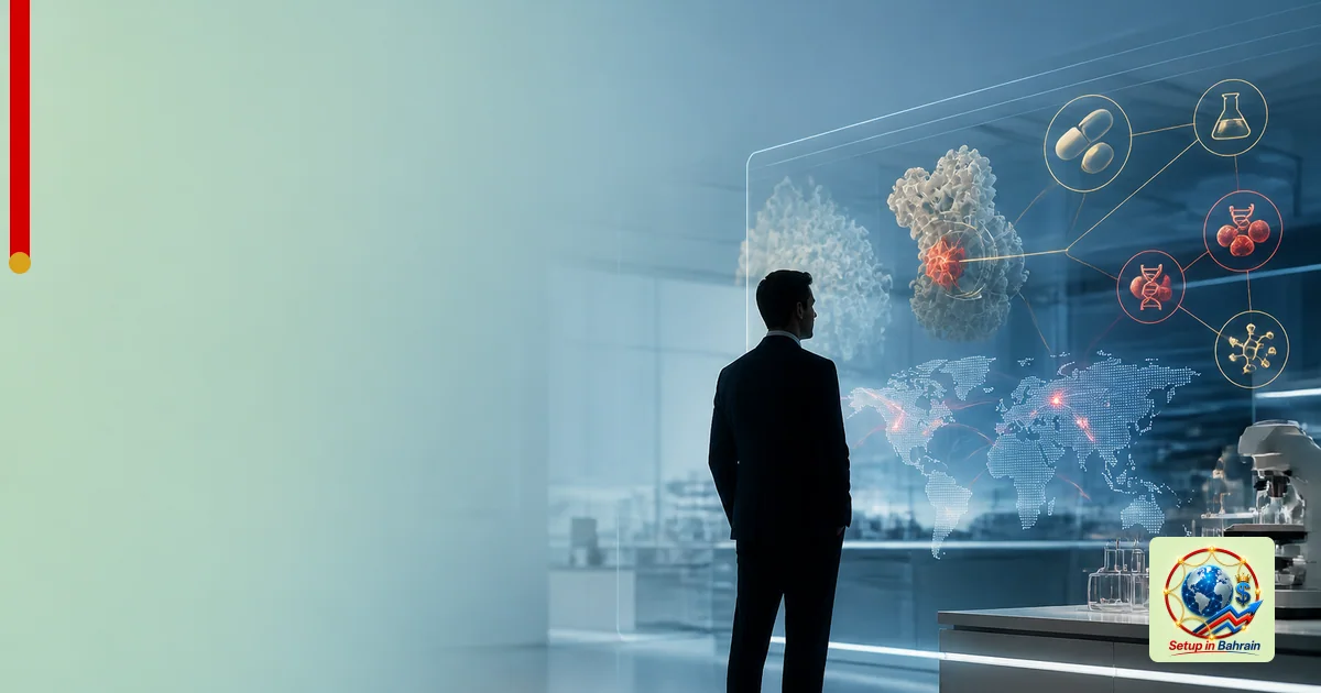 A single biotech executive silhouette examines a floating holographic data map showing AI-driven drug development and late-st