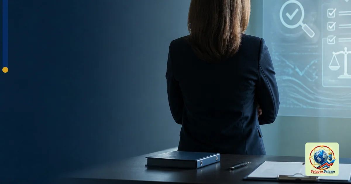 A single non-identifiable regulatory figure in a modern office, with a left navy information panel area and a subtle right-si