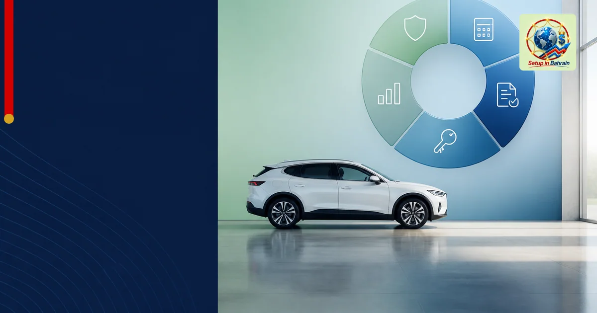 A clean, editorial scene showing an unbranded car silhouette in a bright showroom-like space with a navy left information pan