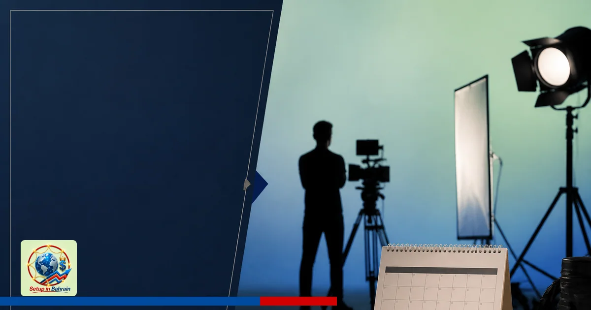 A solitary figure silhouette stands in a minimalist production setting beside a calendar motif, with a navy information panel