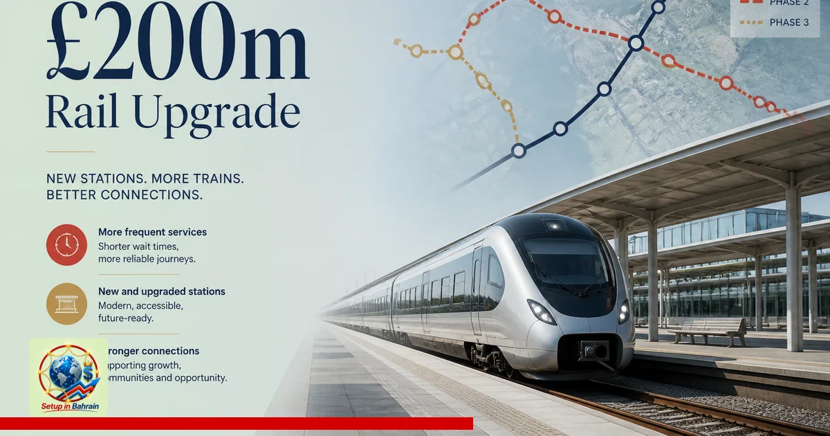 Editorial cover concept showing a pale green-to-blue gradient with a navy-left information panel on UK rail upgrade, featurin