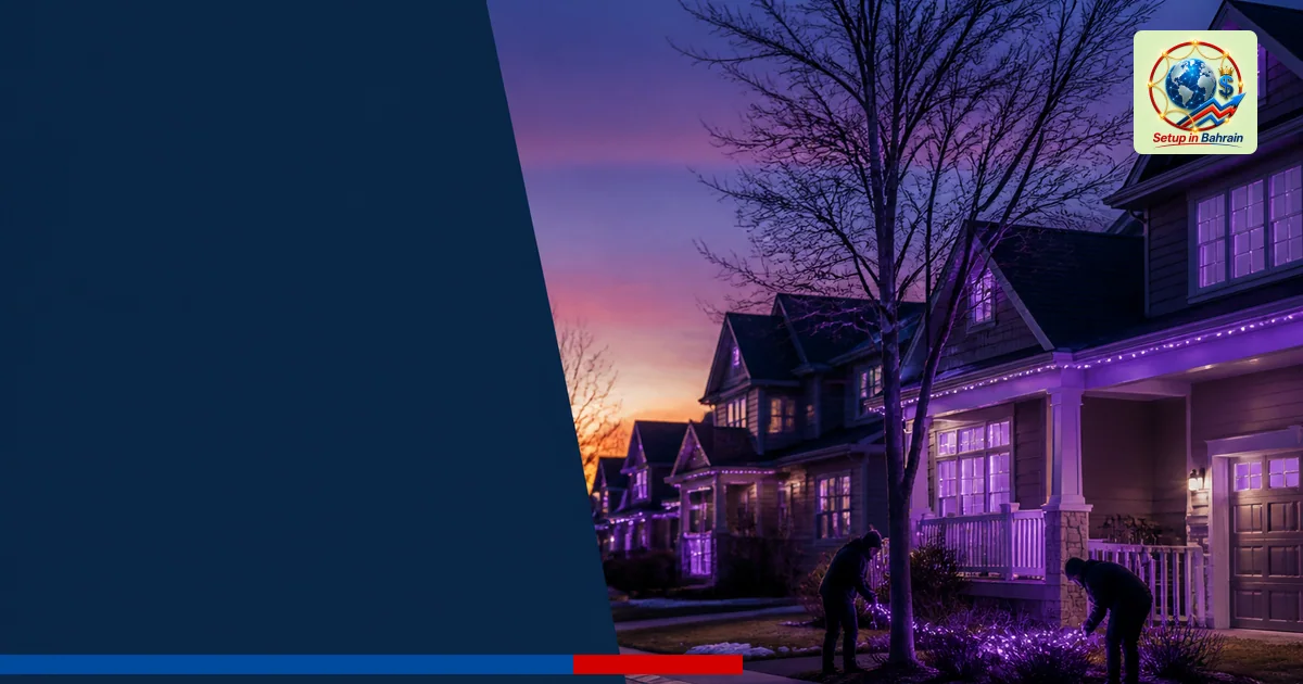 A calm suburban street at dusk with purple-lit windows and string lights on houses, silhouettes of two people installing ligh
