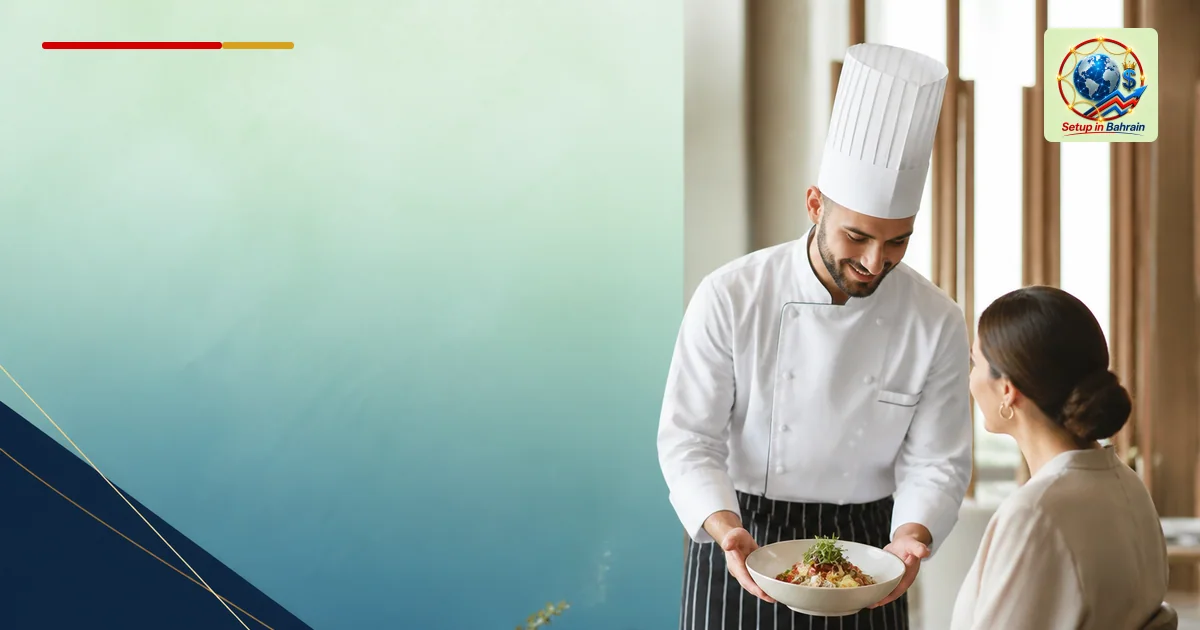 An editorial hotel dining scene: a chef presents a healthy dish to a guest at a restaurant table, with a left-side editor-fri