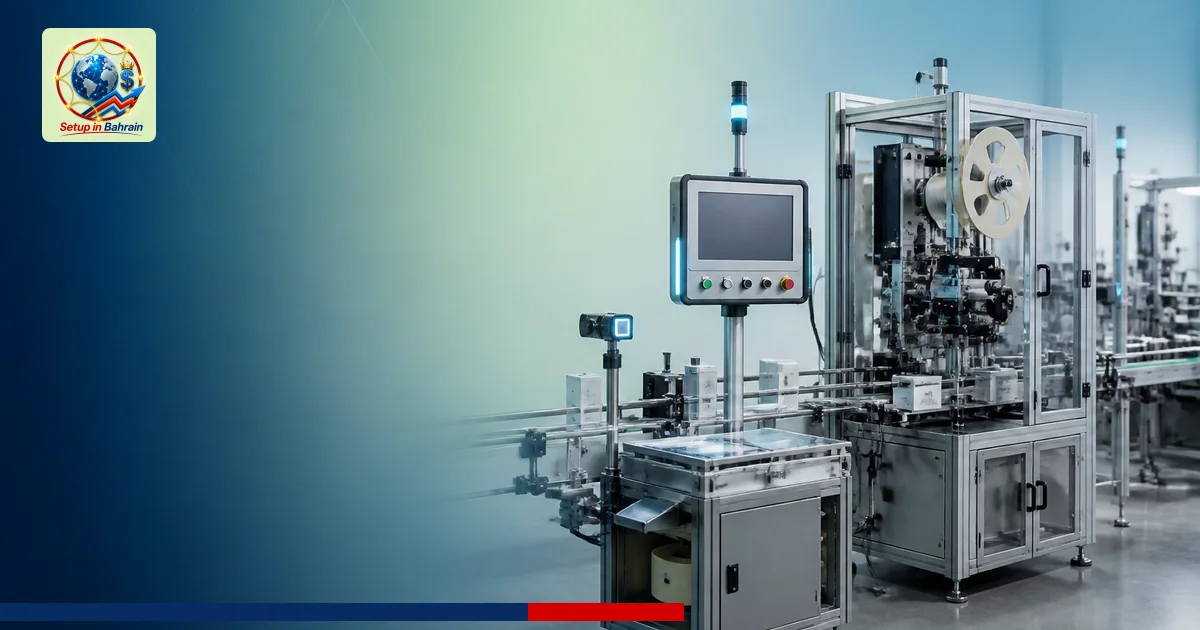 Unbranded industrial automation scene showing labeling and print-and-apply systems on a clean factory floor with conveyors an