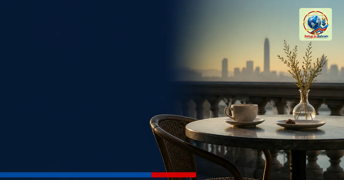 An unbranded editorial scene of an outdoor cafe table with a coffee cup and small plate, set against a pale green-to-blue bac