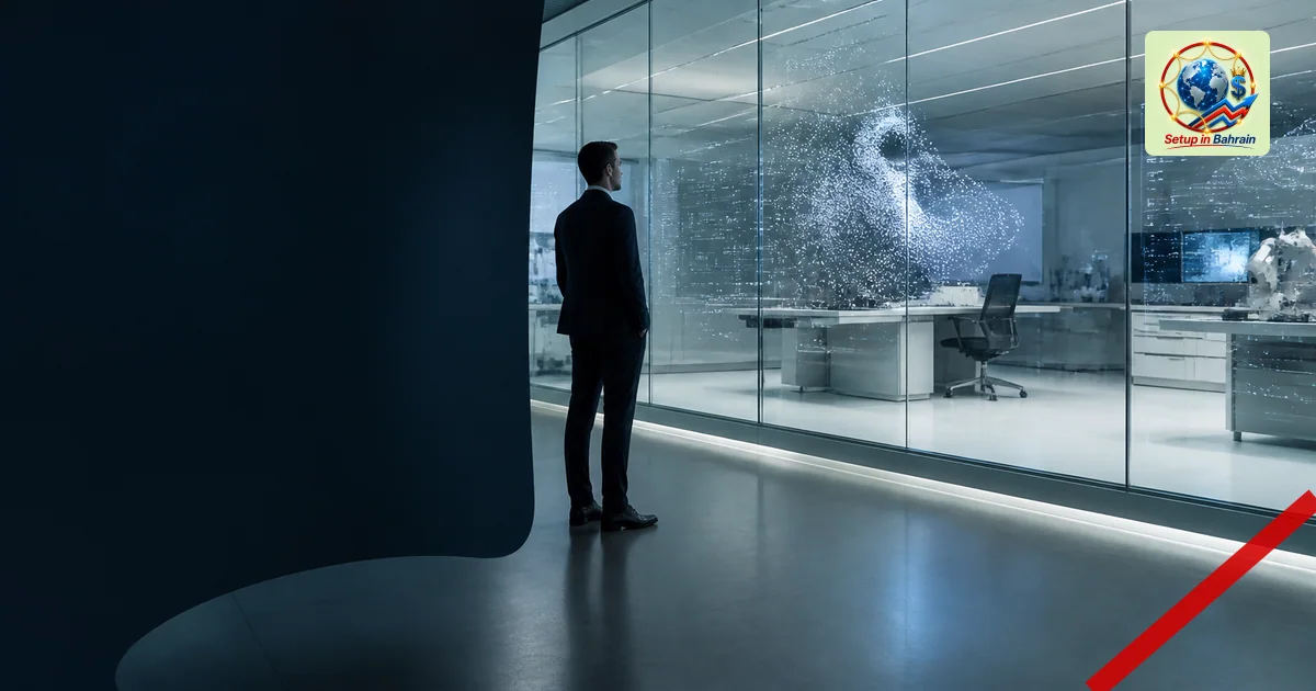 A polished AI research space with a single businessperson silhouette observing a glass wall displaying abstract neural networ