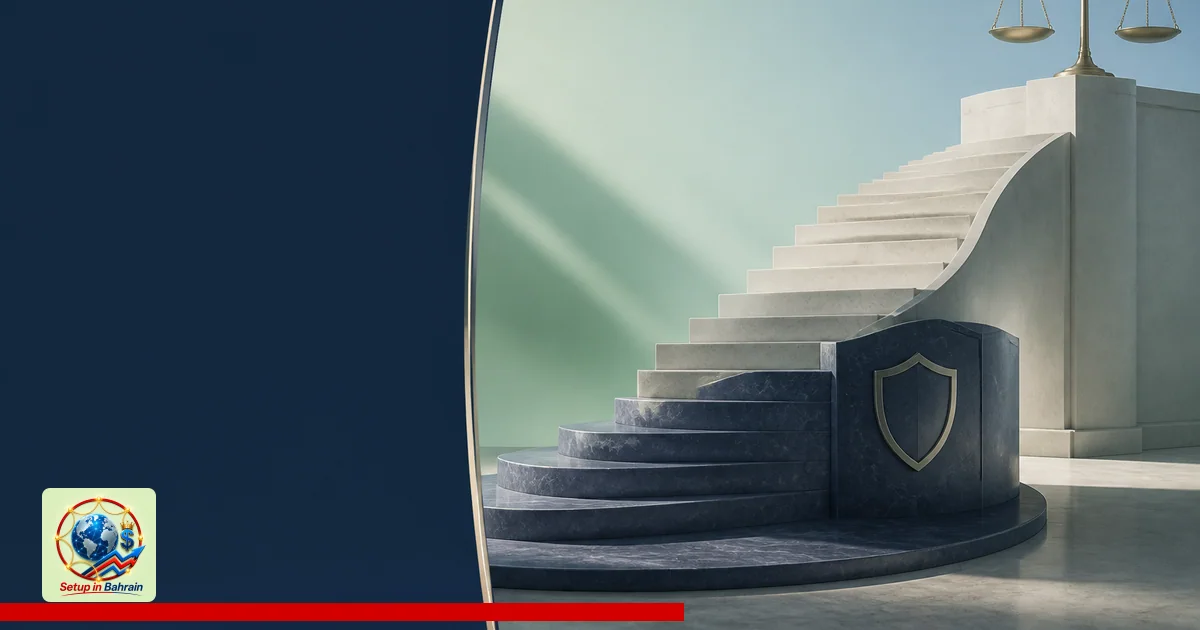 A clean, editorial cover scene with a left navy information panel and a right abstract visual of governance transition: a sty