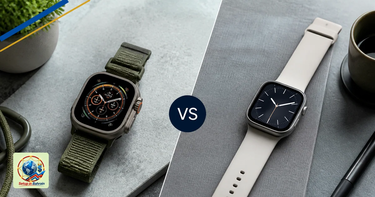 Editorial visual representing two balanced, clearly differentiated choices illustrating Apple Watch Ultra 4 vs Watch Series 1