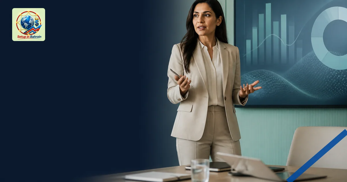 A single professional in a modern conference room stands beside a large wall display with abstract charts, left-side navy inf