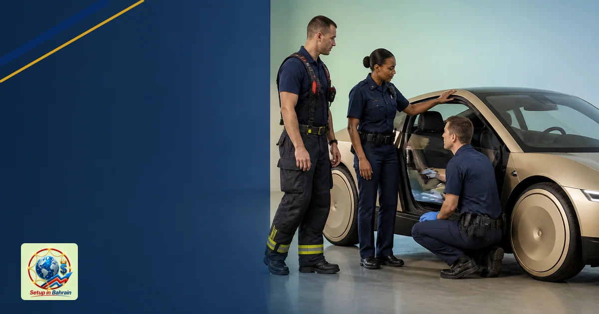 Editorial scene of three first responders in a training area examining an unbranded autonomous vehicle, with a navy informati