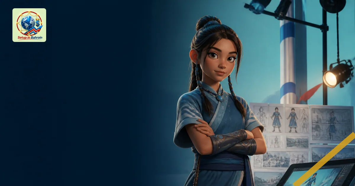 A single stylized teenage avatar figure in a modern animation studio setting, with a left navy information panel and right-si