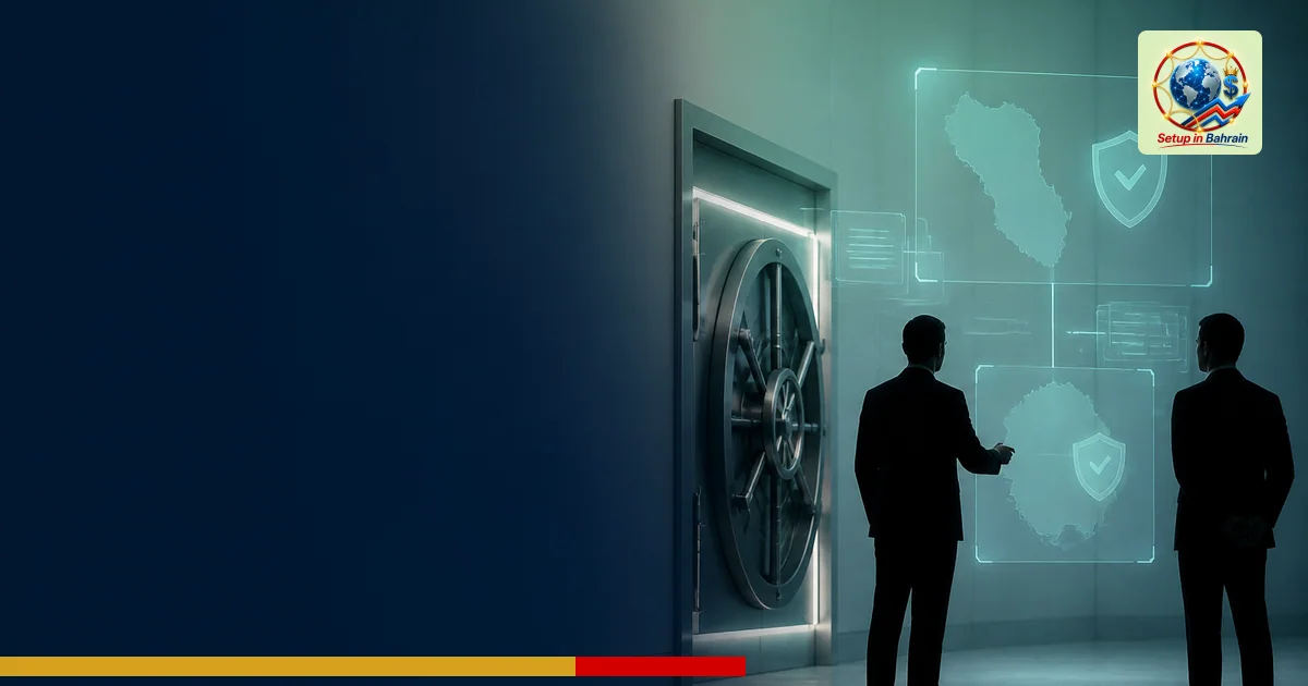 Editorial cover scene with two abstract government silhouettes near a secure information vault and floating holographic panel
