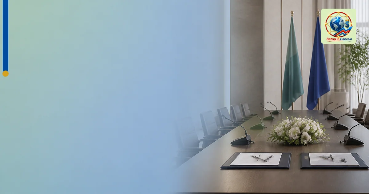 A clean, neutral editorial scene of an empty diplomatic conference room with a pale green-to-blue gradient background and a l
