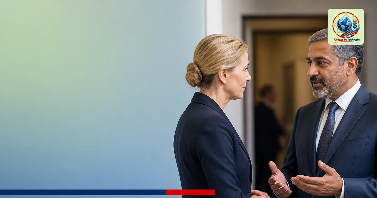 Unbranded editorial scene of two diplomats in a formal New York corridor, with a navy-toned information panel on the left and
