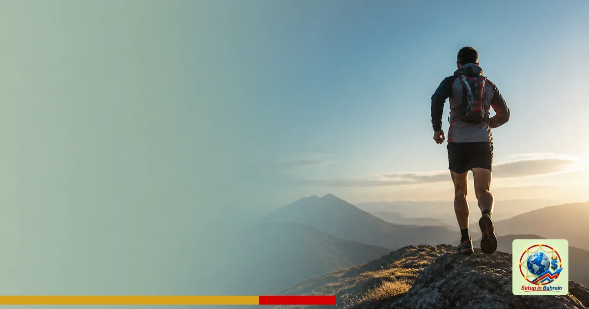 A single runner crests a mountain ridge at dawn, with a pale green-to-blue background and a bold left-side information panel
