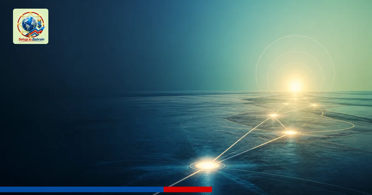 Abstract editorial scene with a pale green-to-blue gradient background suggesting a Bahrain business context; a glowing horiz