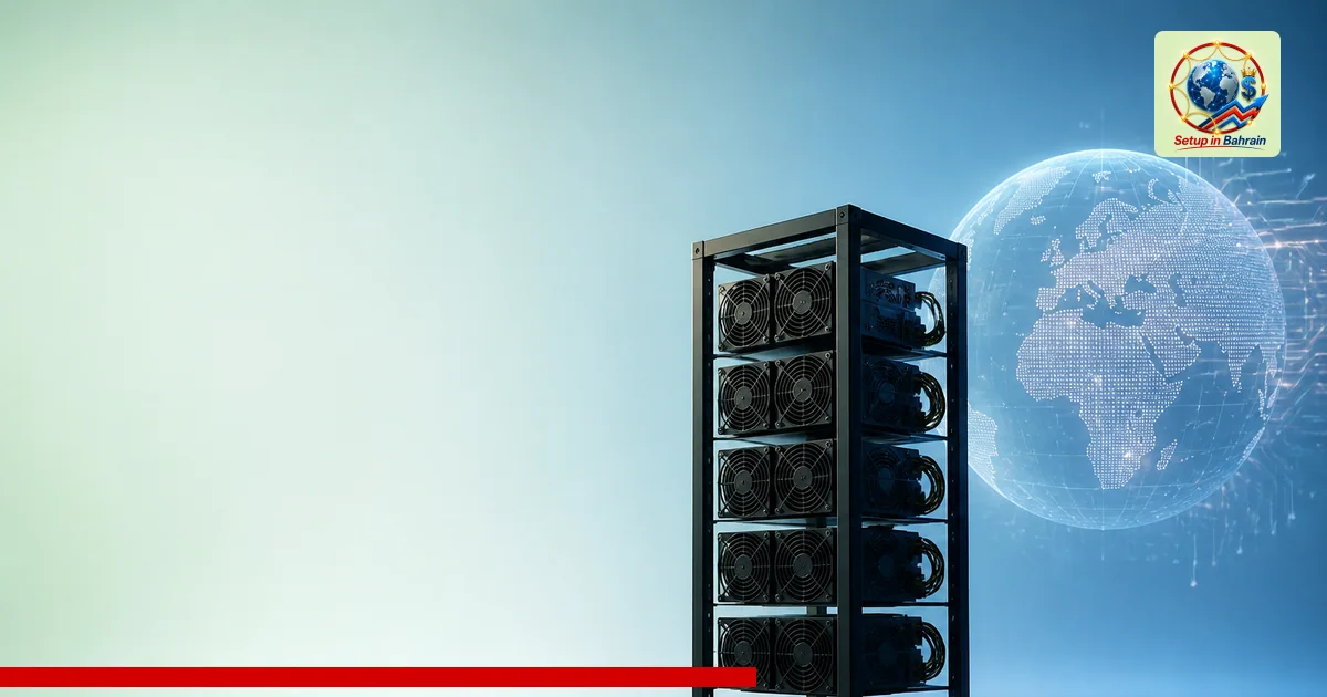 A clean editorial cover scene featuring a solitary mining hardware rack and a translucent globe with circuit patterns set aga