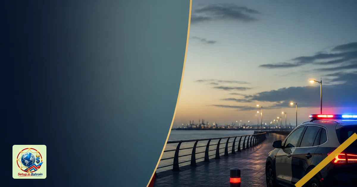 A quiet coastal promenade at dusk with calm water and distant lights. A left-side blank information panel suggests a police a