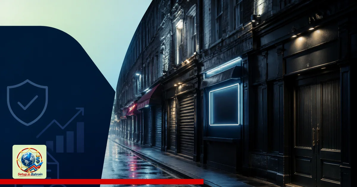 Nighttime street scene of a UK district with empty late-night venue storefronts; soft blue-green background and a prominent l