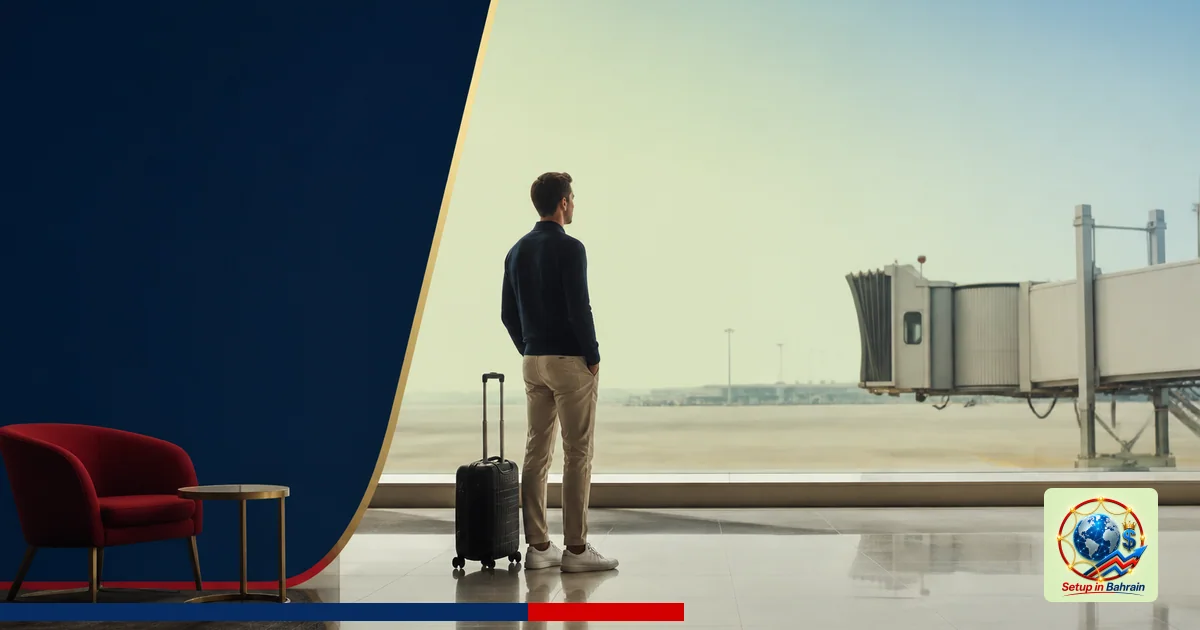 A minimal editorial scene with a single traveler at an empty airport terminal on the left, a prominent information panel area