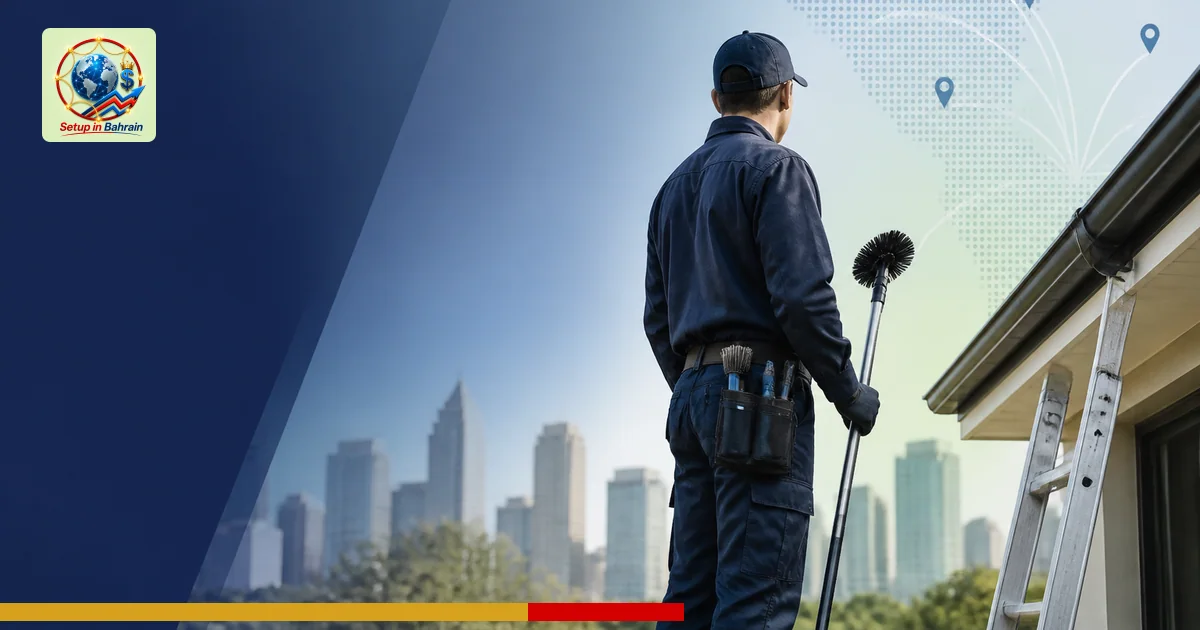 A clean, unbranded editorial scene featuring a single gutter maintenance worker silhouette beside a modern building with a ca
