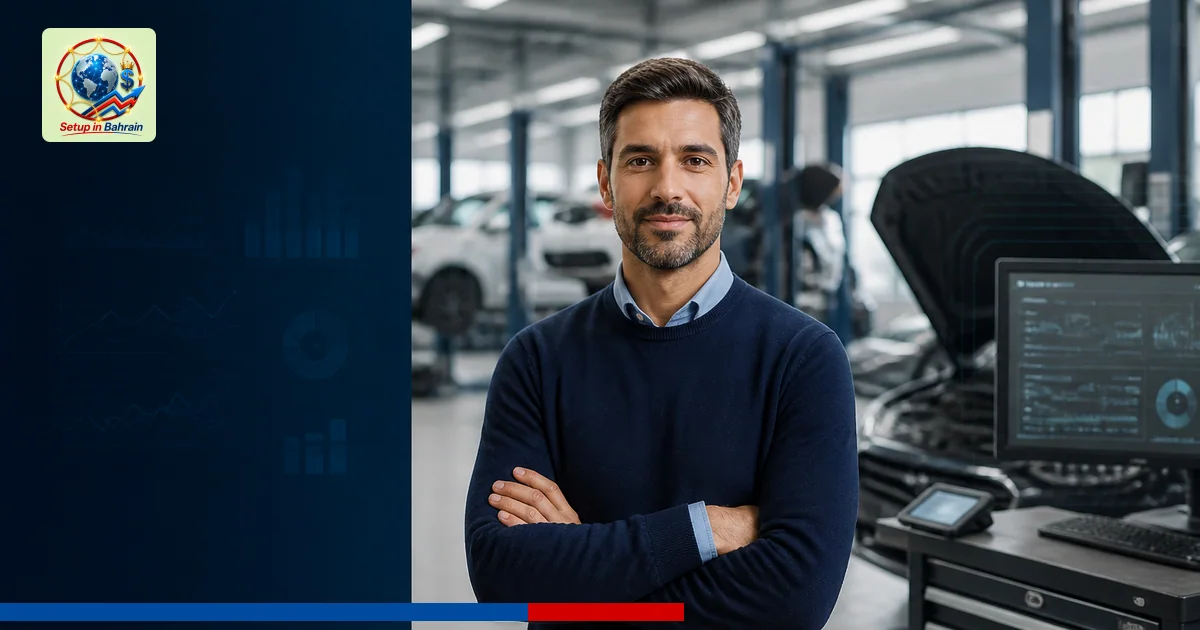 A single automotive service manager stands in a modern French service bay, with diagnostic screens and tool chests nearby, co