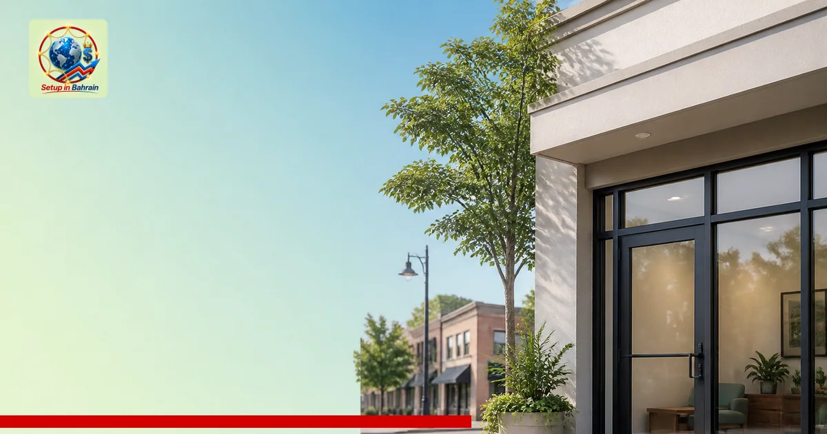 A calm street view of a small-town office entrance set on a quiet block, with a glass door and welcoming façade. The scene ha