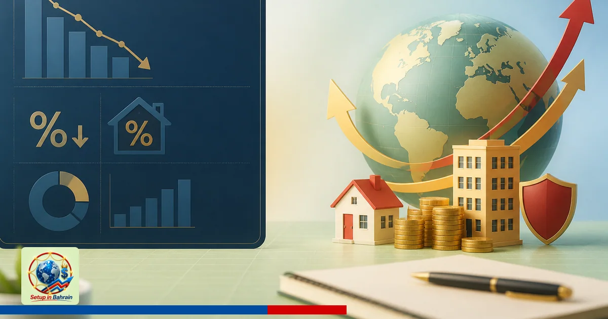 A minimal editorial illustration with a left navy-information panel showing abstract economic charts, and a right stylized gl