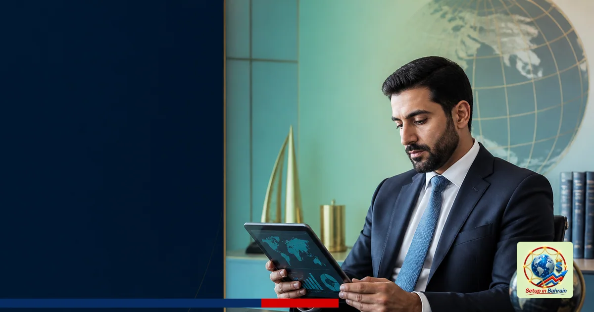 A professional Bahrain business setting with a navy left information panel area and a right-side contextual scene showing a s