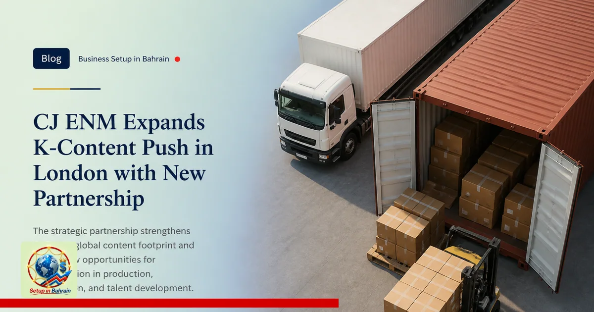 Editorial visual representing unbranded cargo shipping operations illustrating CJ ENM expands K-content push in London with n