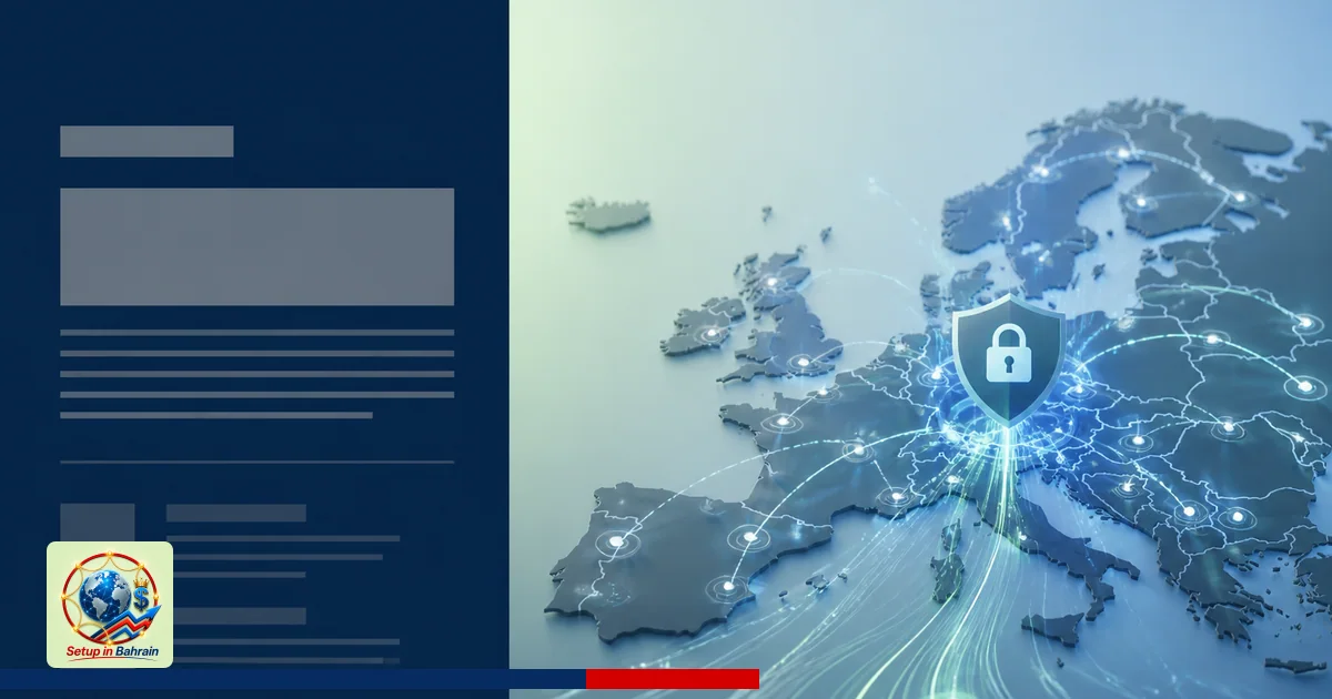 An unbranded editorial illustration of an abstract European network with interconnected nodes and glowing data corridors set 