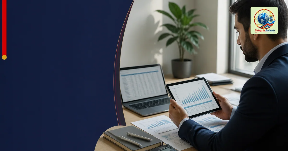A professional, unbranded editorial scene showing a single businessperson in a modern office reviewing a cash-flow forecast o