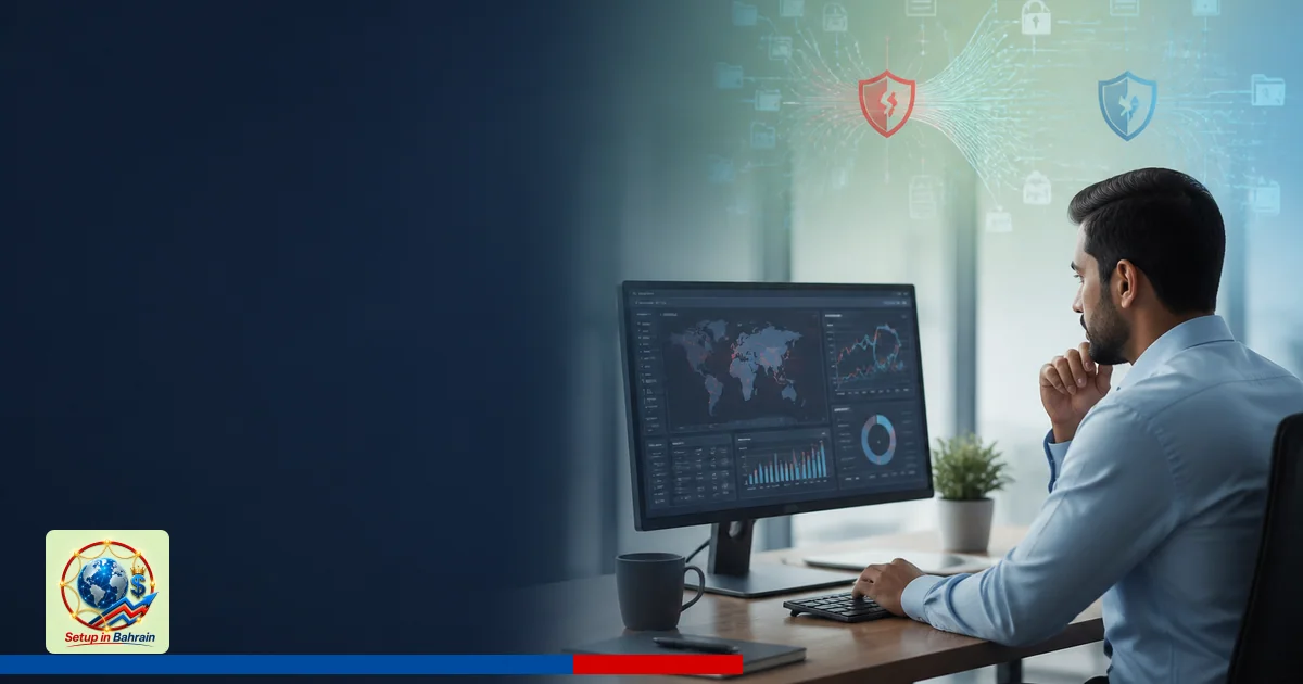 Editorial scene of a cybersecurity analyst in a modern office reviewing a breach report on a computer screen; abstract data f