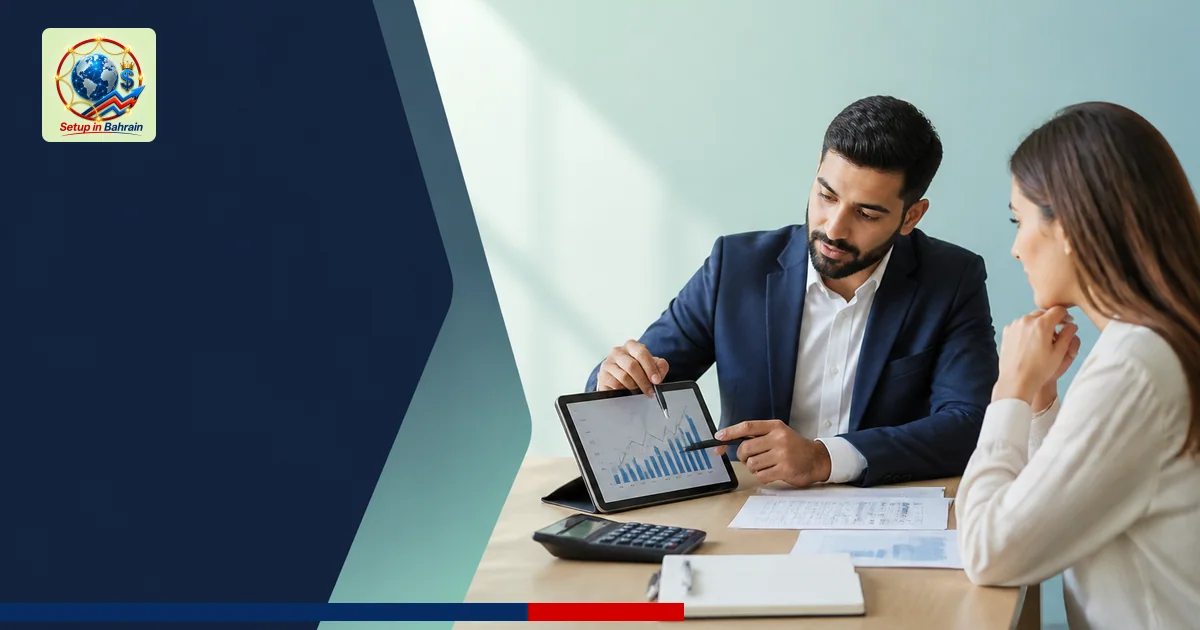 Unbranded editorial scene of a mortgage advisor and a client at a desk reviewing loan documents and a rate chart on a tablet,