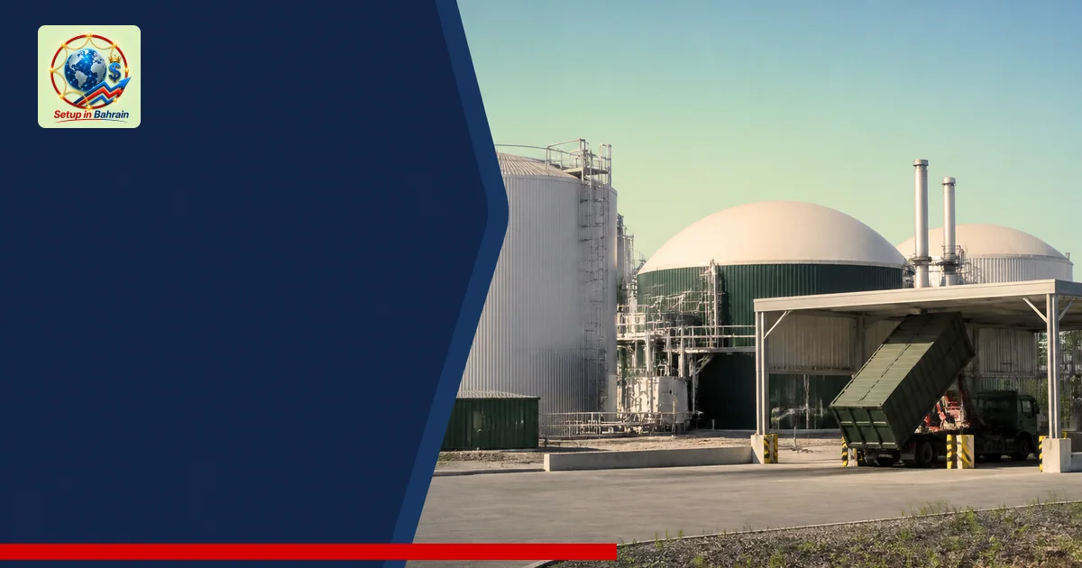Exterior view of a Cyprus waste-treatment facility with a clean left-side information panel area and a right-side depiction o
