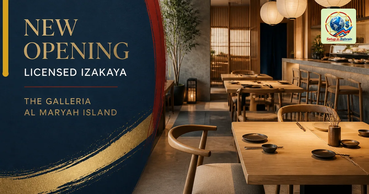 A premium editorial cover concept with a navy information panel on the left and a sleek Japanese dining scene on the right, s