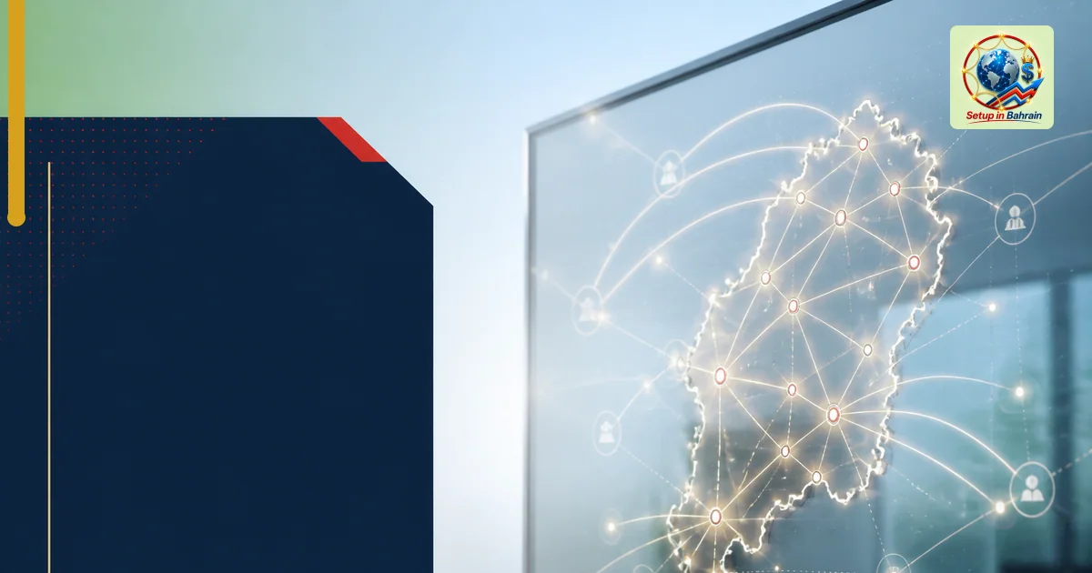 Editorial scene showing a modern planning workspace with a left information panel and a right-side abstract network schematic