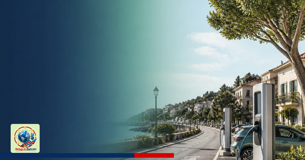 A coastal town scene with EV charging stations along a road, set against a soft pale green-to-blue background. A strong navy 