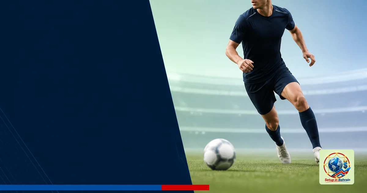 A single silhouetted football winger in motion on a neutral stadium background with a pale green-to-blue gradient. The left s