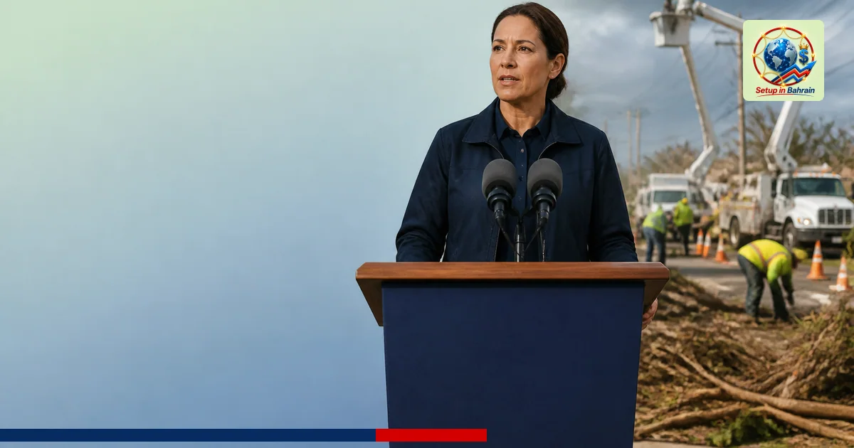 A generic, unbranded editorial briefing scene showing a single speaker at a podium in a recovery briefing with debris-clearin