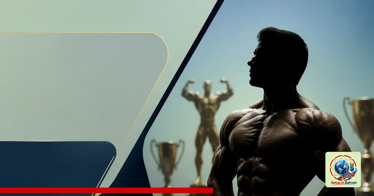 Unbranded editorial cover scene showing a silhouetted bodybuilding figure on the right with abstract trophy shapes, a left-si