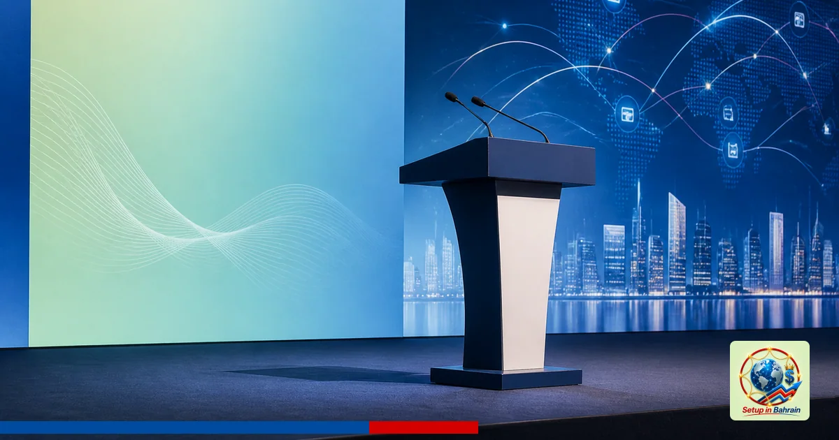Single podium on a business conference stage with a pale green-to-blue gradient backdrop. A left-side navy information panel