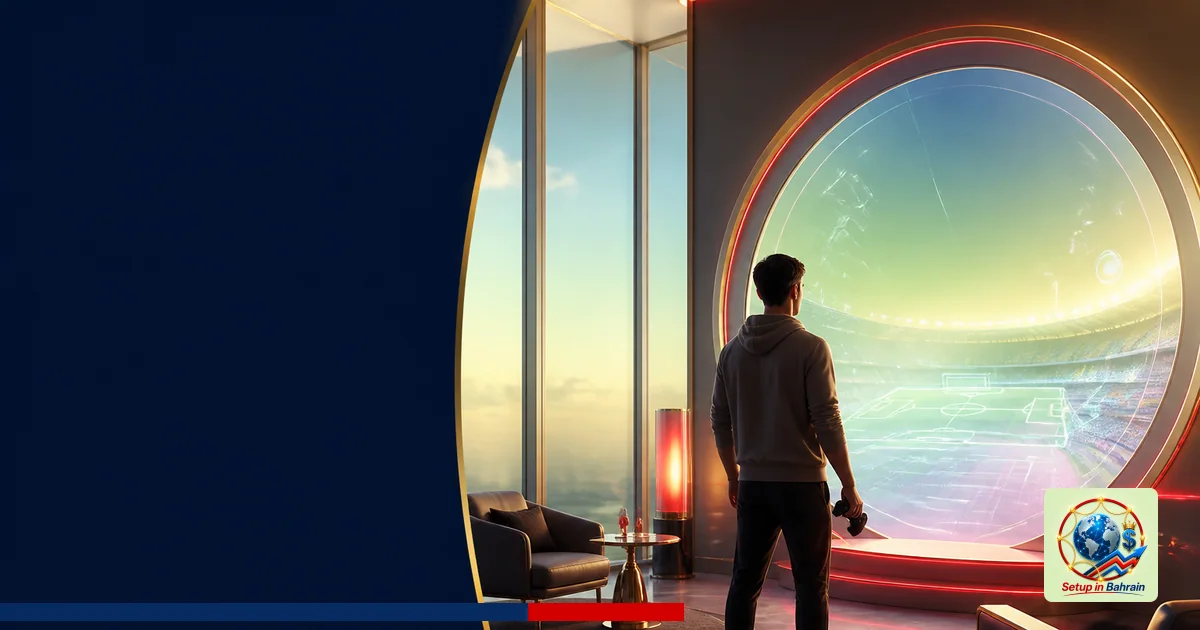 A premium editorial cover scene showing a lone gamer in a Bahrain-inspired lounge stepping toward a glowing The Grounds porta