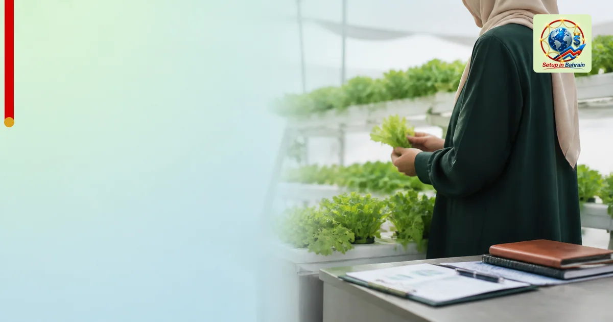 A single woman entrepreneur stands in a bright agribusiness setting with crops and light equipment; pale green-to-blue backdr